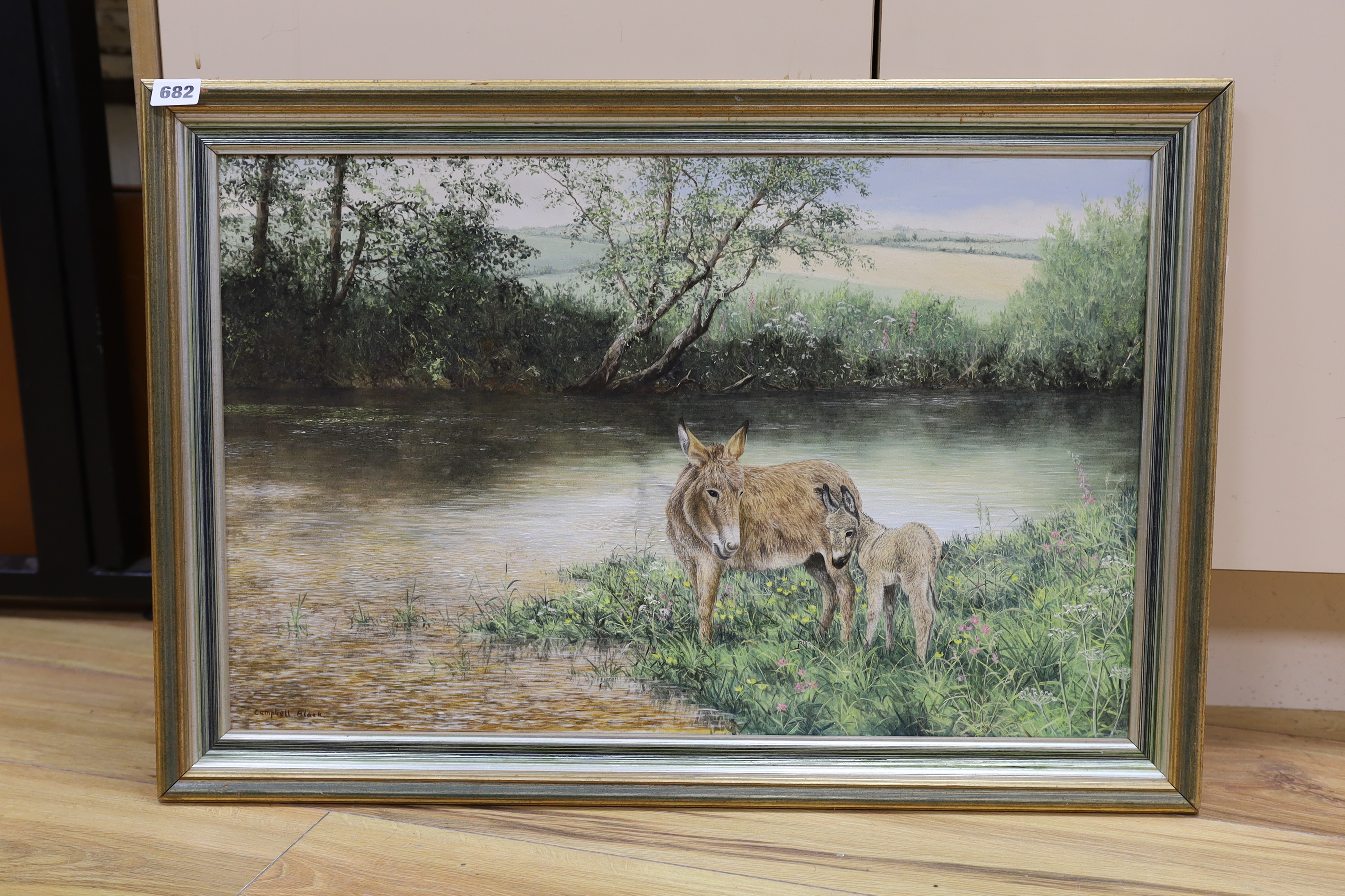 Geoffrey Campbell-Black (b.1925), oil on canvas, Donkey's beside a river, signed, 40 x 62cm